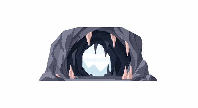 A dark cave entrance with jagged rock formations and icicle-like stalactites