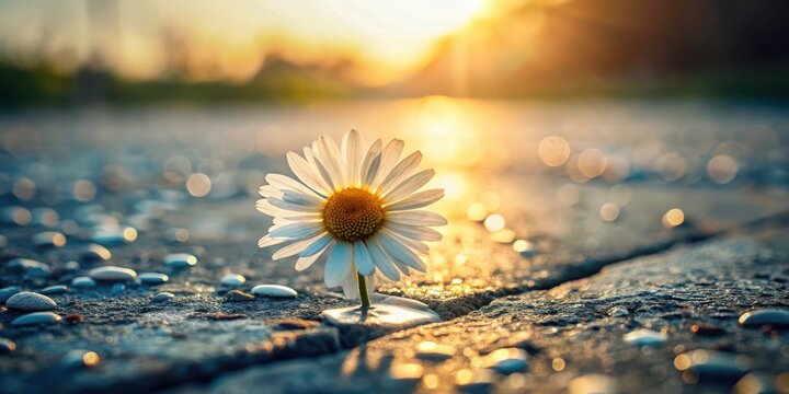 A single daisy bravely pushes through a crack in the pavement, bathed in the warm glow of a setting sun, symbolizing resilience and the enduring power of nature.