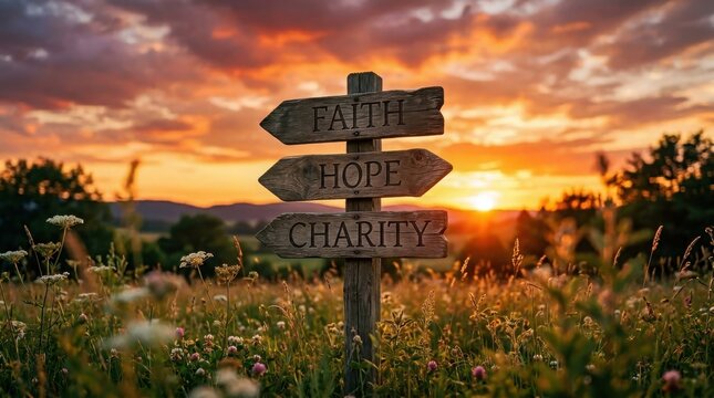 Wooden signpost with faith, hope, and charity written on arrows at sunset