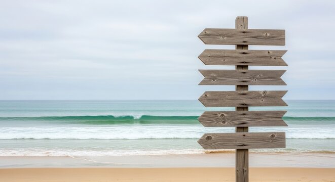 Wooden signpost with multiple blank arrows on a sandy beach by the ocean