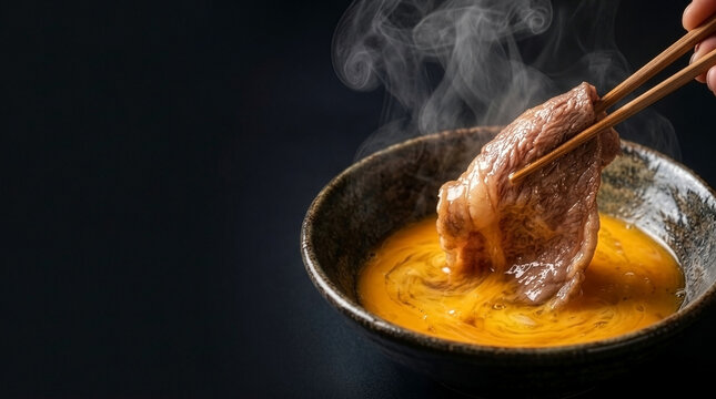 Luxury Food Porn: Advertising Macro of Wagyu Sukiyaki Dipped in Raw Egg