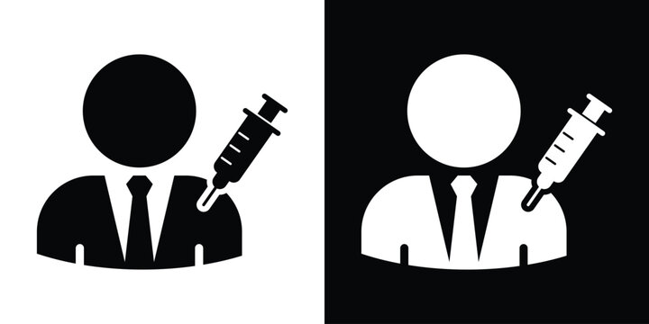 Patient or businessman icon getting a vaccine injection. Vector silhouette illustration of immunization isolated on black and white backgrounds.