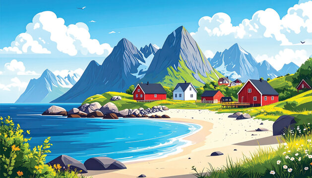 Colorful houses on sandy beach shore.