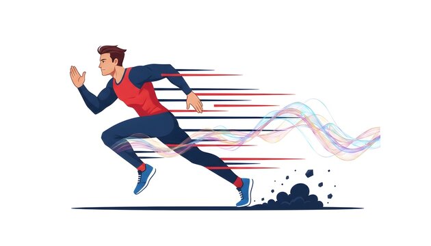 Dynamic male athlete running fast with speed motion trails side view of a sprinter man jogging in sportswear cardio workout fitness concept flat comic vector illustration isolated white background