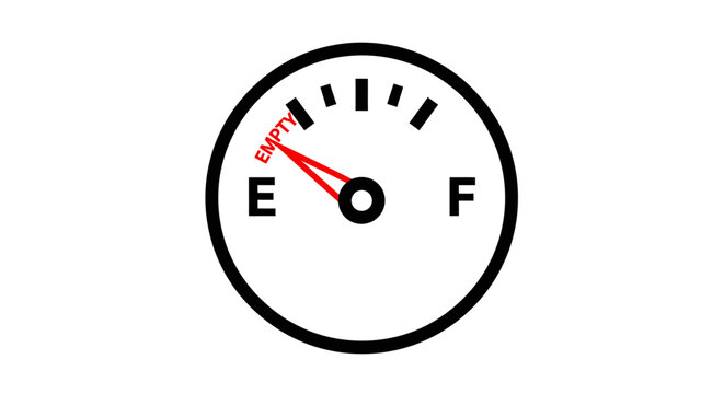 Analog fuel gauge icon with red needle pointing to empty on white background