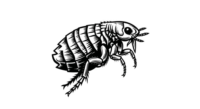Detailed black and white line drawing illustration of a flea insect