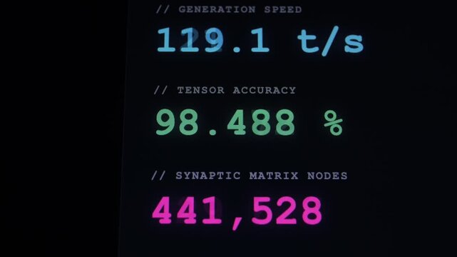 A tech screen showing speed, accuracy, and nodes with colored numbers.