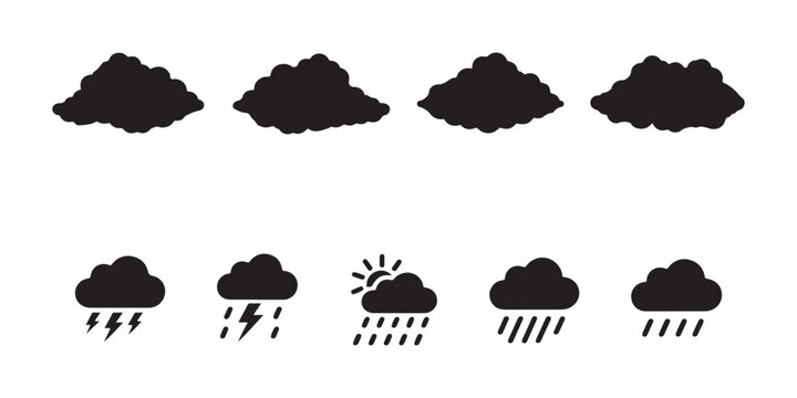 Weather storm cloud icons set, lightning and rain symbols vector on transparent background for web and app.