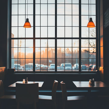 Inviting cafe interior featuring a large grid window, two orange pendant lights, and a vibrant golden hour street scene with parked cars