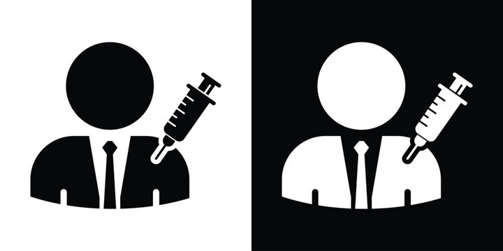 Patient or businessman icon getting a vaccine injection. Vector silhouette illustration of immunization isolated on black and white backgrounds.