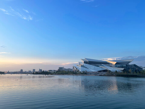 The new building of the Kamal Theatre on the shore of Lake Kaban, Kazan, Russia