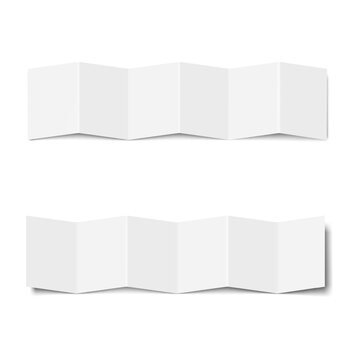 White blank open six panel accordion fold brochure. Vector mockup. Square zig-zag folded paper sheet. Concertina fold leaflet, flyer, booklet. Mock-up. Single row 12 page Z card front, back. Template