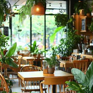 Lush green plants fill a cozy cafe with wooden tables, natural light, and a woven lamp, creating a tranquil atmosphere