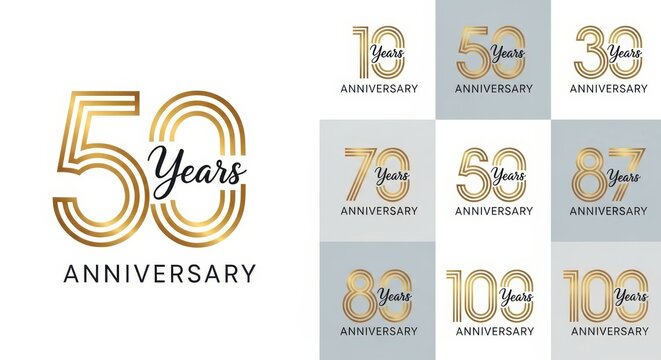 Set of Elegant Golden Anniversary Logo Templates for 5, 10, 30, 50, 60, 70, 80, 87, and 100 Years Celebration