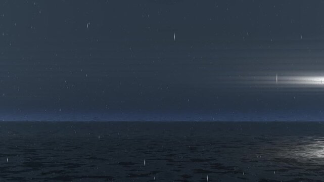 Rain falling over calm ocean at night with water, storm, horizon, reflections and atmospheric seascape creating peaceful cinematic background.