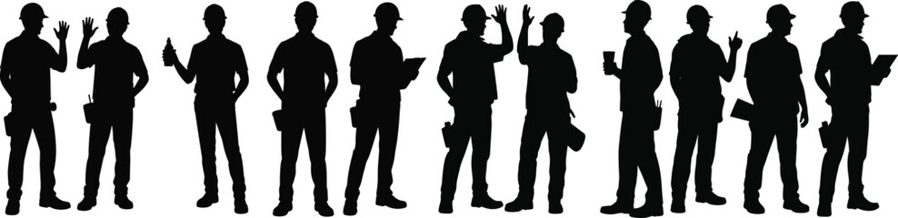 Fototapeta premium Silhouettes of construction workers in various poses with tools and hard hats male