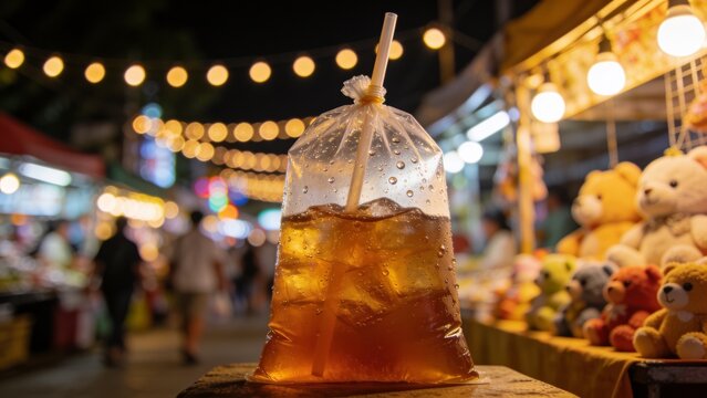 iced tea stuffed in a plastic drinking bag with a straw poked in, sold at night markets