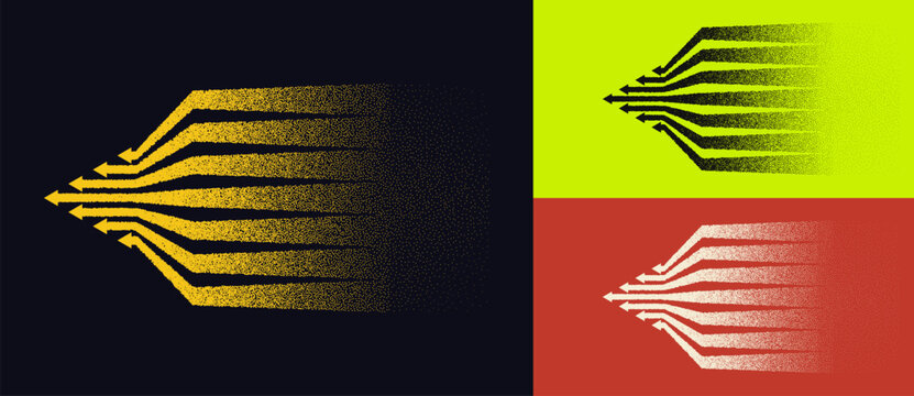 Multiple parallel arrows pointing left with geometric chevron tips, dissolving into a stipple dot texture toward the right, presented as a vector set in three color variants.