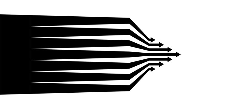 Seven parallel arrows converging into a sharp pointed cluster on a white background, formed from solid black negative-space vector shapes with individual chevron tips.
