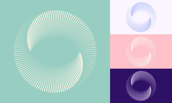 Spiral radial stroke ring vector icon with progressively varying segment lengths creating a snail-shell rotation effect, shown in pastel and dark color variants on mint, pink, and indigo background
