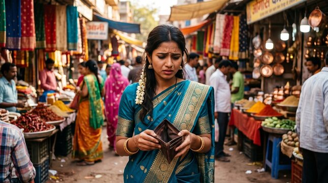 Young Indian woman looking worried holding an empty wallet in a busy market street