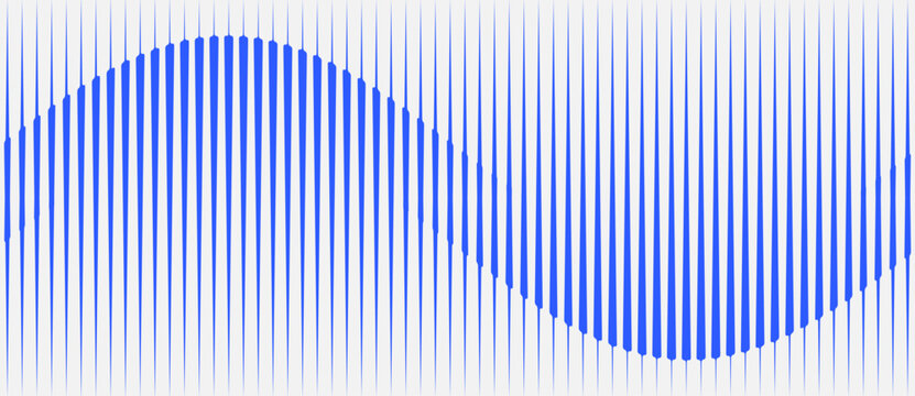 Dense array of vertical blue strokes with pointed tips forming a sinusoidal S-wave pattern through progressive height variation across a light background, as a minimalist vector illustration.
