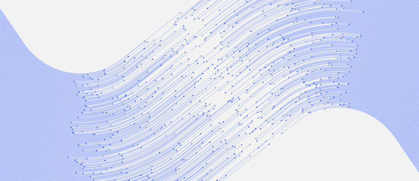 Flowing diagonal wave of thin parallel curved blue lines of varying random length, each ending in a circular dot node, forming a scattered data-flow network pattern on a light background.