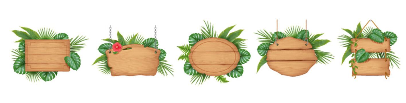 Collection of wooden signboards adorned with tropical green leaves and flowers. Rustic and ecofriendly design elements for decoration or signage. Perfect for naturethemed events.