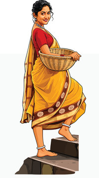 Indian woman with basket on steps vector illustration