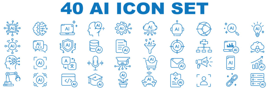 Artificial intelligence set of web icons in line style. AI technology icons for web and mobile app. Machine learning, digital AI technology, algorithm, smart robotic, cloud computing network