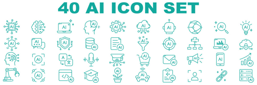 Artificial intelligence line editable icon set. Contain icons related to artificial intelligence, AI, and more. Editable stroke. Vector illustration