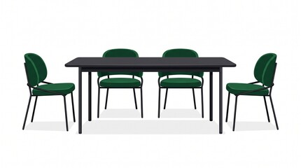 Fototapeta premium Modern dining set with black table and four green chairs isolated on white background