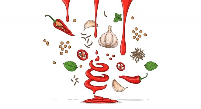 Spicy Red Chili Sauce Pouring with Falling Ingredients Garlic Herbs and Peppercorns Isolated Vector Illustration