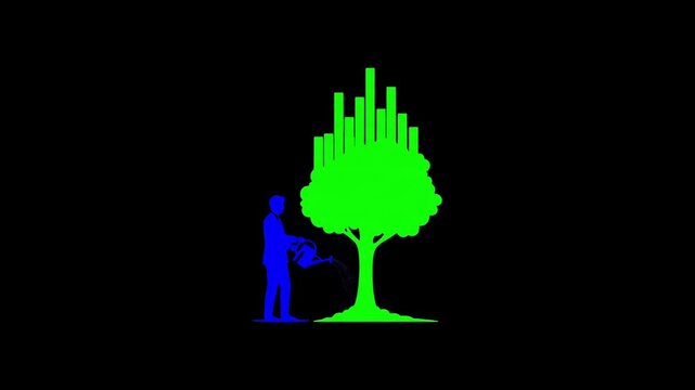 Business growth concept with person watering tree transforming into financial chart