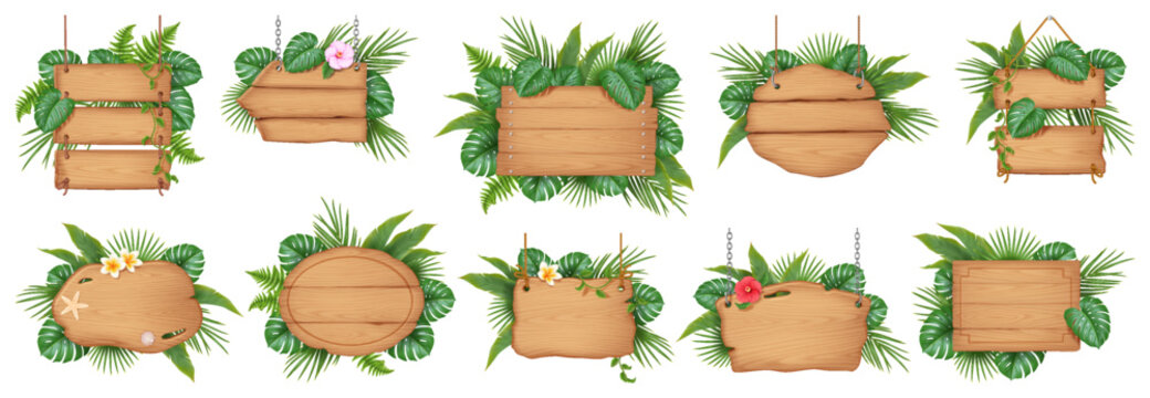 Collection of wooden signs adorned with tropical green leaves and vibrant flowers. Used for decoration and design with a natural and exotic style. Ideal summer theme.