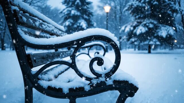 A serene winter park bench covered in fresh snow, amidst trees with a distant lamppost glowing in the soft winter light.