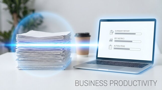 Modern laptop with digital data interface and stack of paper documents on office desk.
