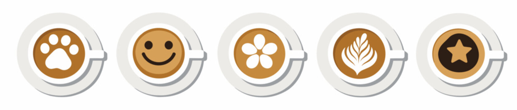 Simple round badges featuring latte art designs including leaf, heart and abstract shapes on coffee surface ideal for minimalist branding and digital interface elements.