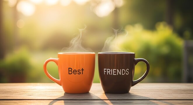 Two steaming coffee mugs with Best Friends text on wooden table with green bokeh background
