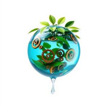 Globe contains plants, gears, water droplet. Symbolizes ecology, technology, sustainability, growth, innovation concepts. Bright, clean presentation.
