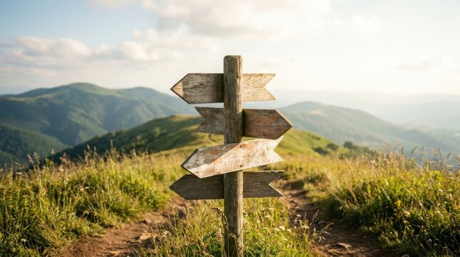 Wooden signpost with four blank directional arrows on a mountain trail