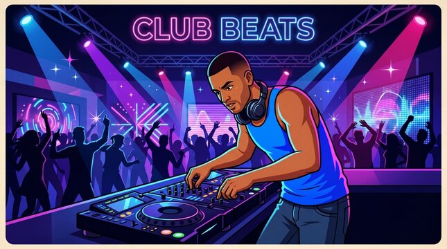 DJ playing music at a vibrant nightclub with dancing crowd and neon lights