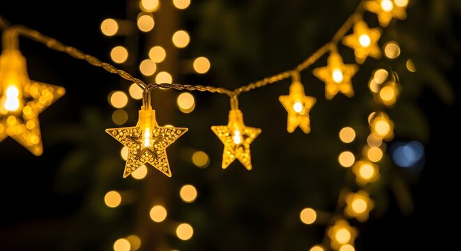 Glowing star shaped fairy lights string with warm bokeh background for holiday and festive decoration