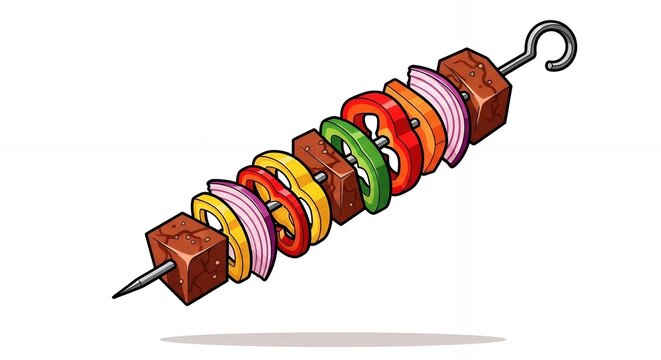 Cartoon shish kebab featuring grilled meat cubes with red onion and colorful bell peppers on a metal skewer icon