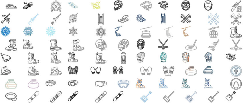 Professional Winter Sports and Snow 1 Vector Icon Set Collection Bundle featuring 88 Minimalist Flat Line Art Icons including Skiing Snowboarding Bobsled Biathlon Sledding Skis Helmets and Snowflakes.