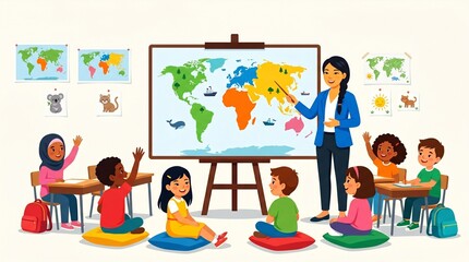Fototapeta premium Diverse children learning geography from a teacher in a colorful classroom with a world map