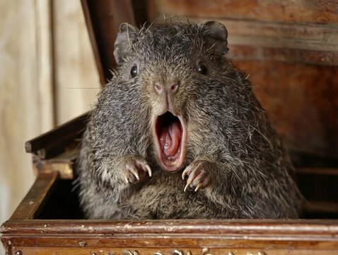 Shaggy gray cavy with wide-open mouth and visible tongue, showing claws, sitting in an antique wooden box