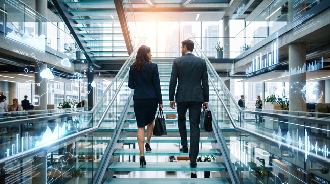 Business professionals walking together in modern industrial office with bright natural light