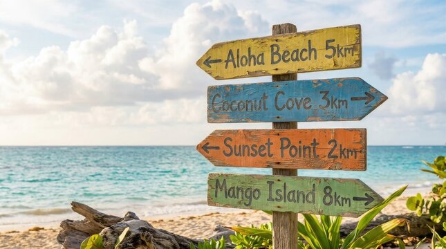 Colorful wooden signpost on a tropical beach with destination names