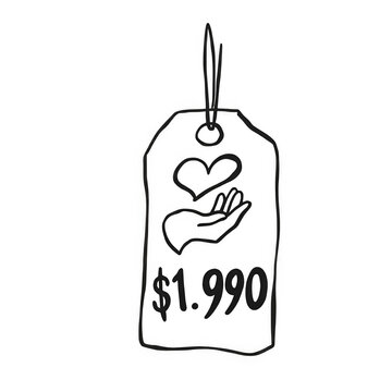 Hand Drawn Price Tag with Heart and Hand Icon $1.990, Isolated on Transparent Background
